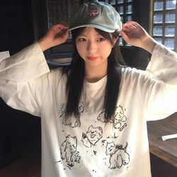 Plus-Size American-Style White Graffiti Dog Long-Sleeve T-Shirt for Women, Hong Kong Vintage Style Inner Layering Top, Body-Covering Top ins Trendy