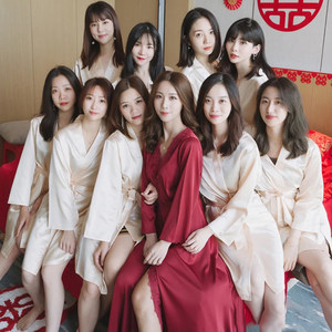 Morning robe bridesmaid sister group bride wedding girl wedding robe long -sleeved ice silk advanced simulation silk pajamas red
