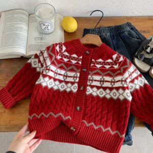 Children's Cardigan Sweater Boys and Girls Thickened Knitted Sweater 2025 Winter New Baby Red Festive New Year's Wear Jacket