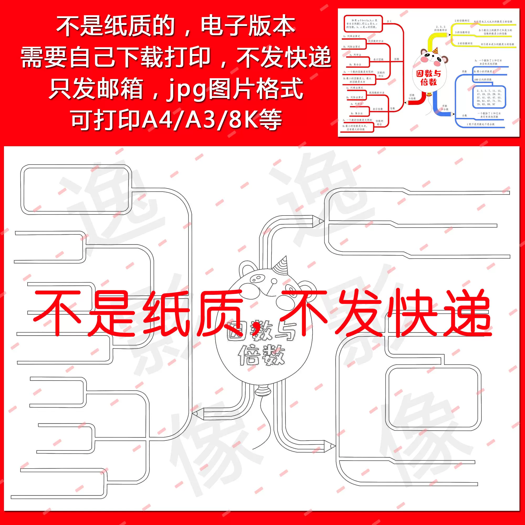 小学生五年级下册数学思维导图第二单元因数与倍数人教版模板a2 Taobao
