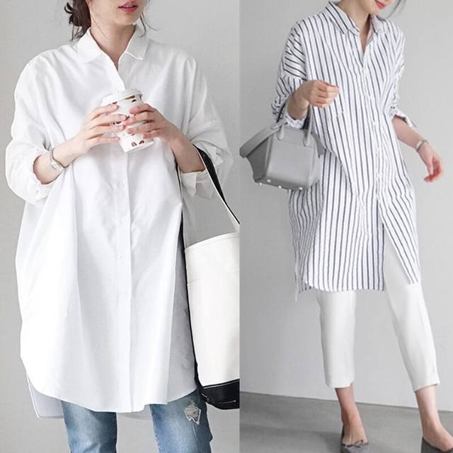 Korean white shirt for women long sleeves, mid-length loose large size slim striped top 2025 spring and autumn new shirt
