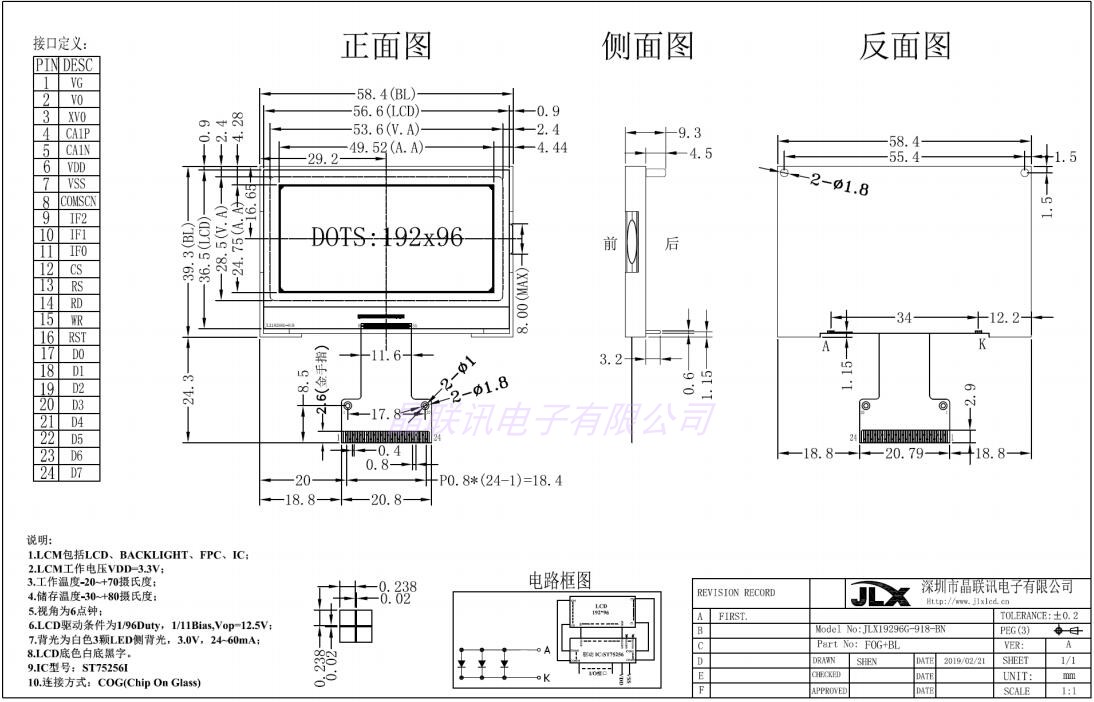 Jinglianxun 192x96 Dot Matrix LCD Module - ST75256I