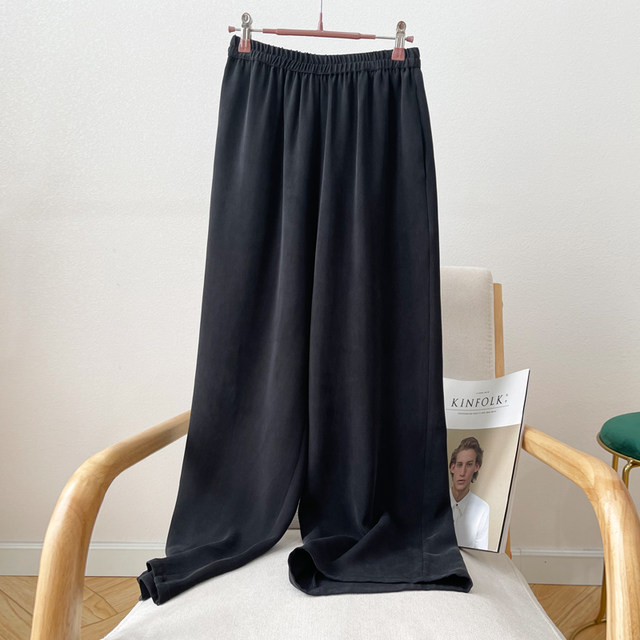 Quality goods! 32 Mmi thick heavy silk crepe black pants straight pants mulberry silk cropped pants women