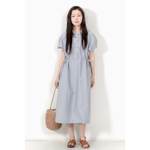 
KNgs summer retro style simple solid color slimming waist high waist short sleeve long skirt A-line skirt dress for women