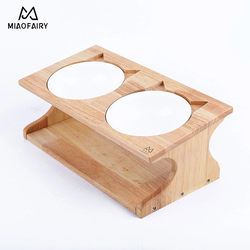 Ceramic Cat Bowl Dog Bowl Oak Stand Single and Double Bowl Protector Neck Cat Dining Table Cat Supplies Wholesale High Leg Slanted Mouth Pet Bowl