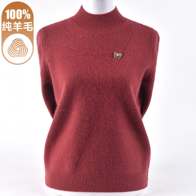 100 pure woolen sweaters for women, half turtleneck, loose inner knitted sweaters, middle-aged and elderly thickened sweaters, bottoming shirts