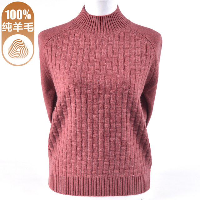 Thick sweater women's winter half turtleneck 100% pure wool sweater loose and stylish middle-aged and elderly mother's wear bottoming shirt