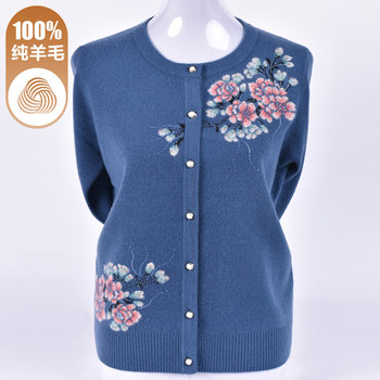 Autumn and winter new pure wool mothers wear cardigan middle -aged sweater female jackets foreign sweater long -sleeved top