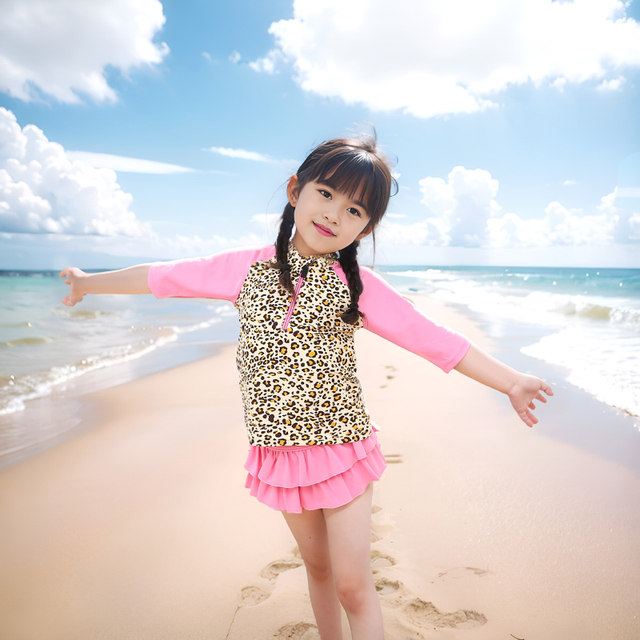 Children's swimsuit girls, baby, foreign qi sunscreen, leisure, skirt, fast -drying hot spring surfing sunscreen swimsuit
