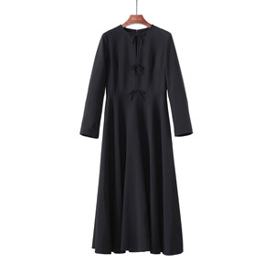 
Elegant lady's light dress, heavy silk wool + mulberry silk lining, black high-waisted long dress with wide hem