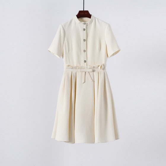
Gentle temperament Heavy silk wool + mulberry silk lining with high waist bow and fake two-piece slim dress