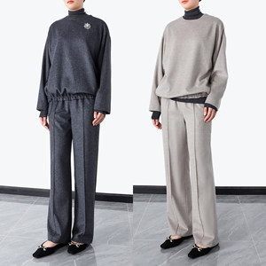 定格松弛 真丝羊毛毛呢休闲套装 v领马甲宽松卫衣 松紧腰休闲长裤