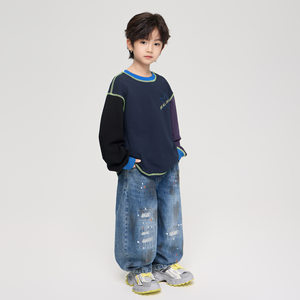 
2026 Spring New Boys High Street American Style Color Blocking Long Sleeve T-Shirt Children's Comfortable Cotton Bottoming Shirt Round Neck Top