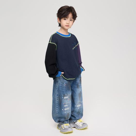 
2026 Spring New Boys High Street American Style Color Blocking Long Sleeve T-Shirt Children's Comfortable Cotton Bottoming Shirt Round Neck Top