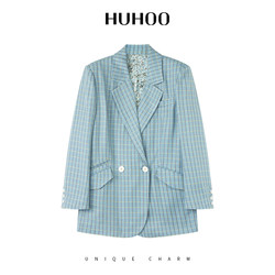 Huhoo Wool Linen Commuter Style Plaid Blazer Women's Double-Breasted Lapel Blue Suit