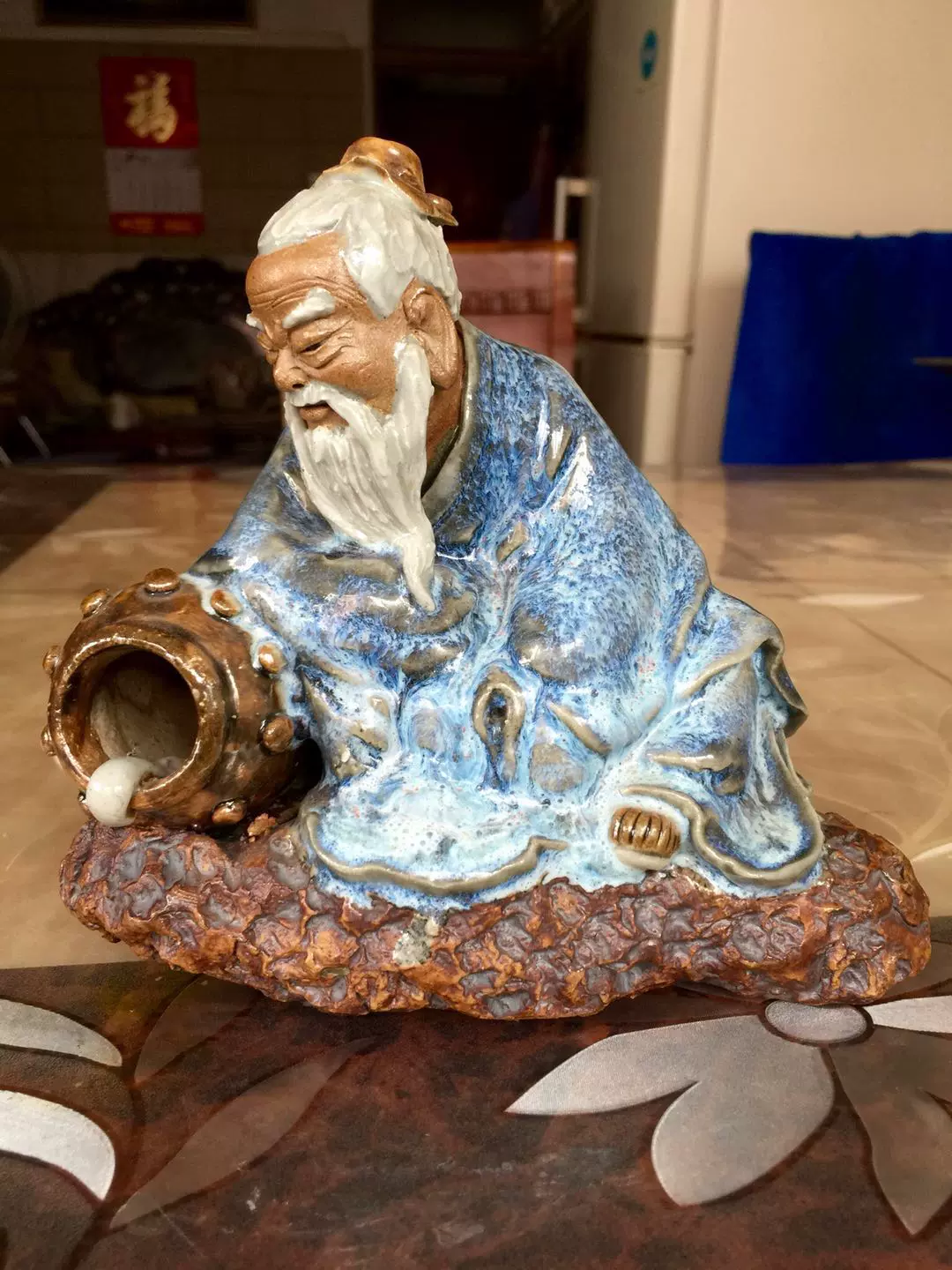 醉石轩窑变石湾公仔梁华甫原作石湾公仔蓝紫花醉观沧海（已结缘