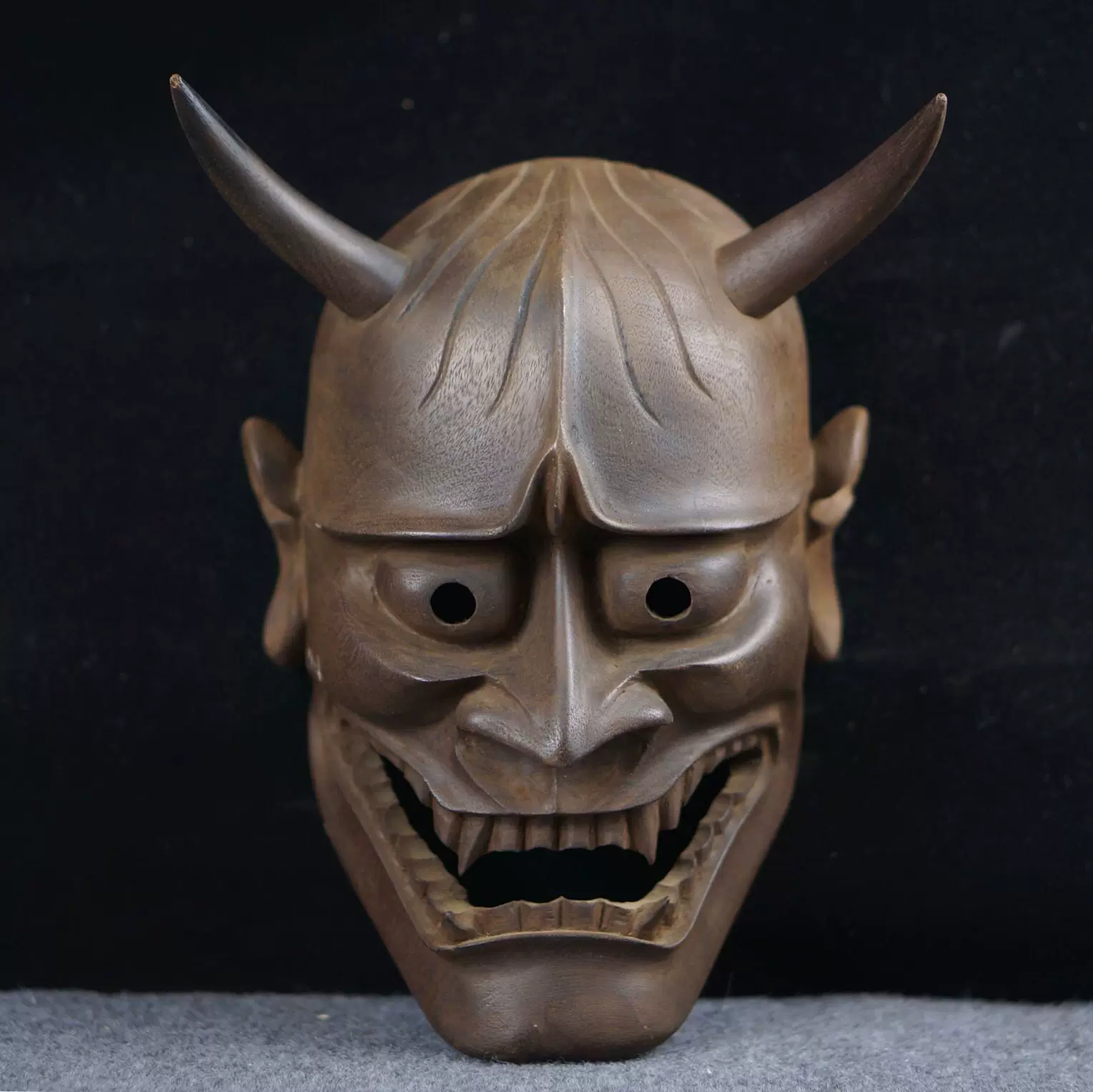 吉川花意 能面「般若」共箱 能面師 面袋付 彩色 木彫 面 検