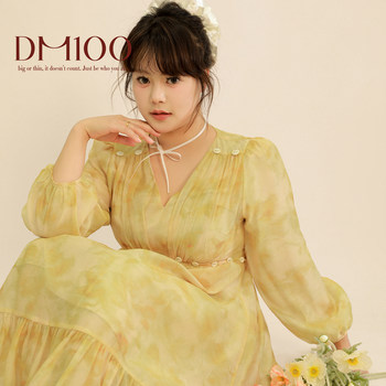 
Large size 100% 2025 spring new women's shell button niche fairy chiffon printed dress