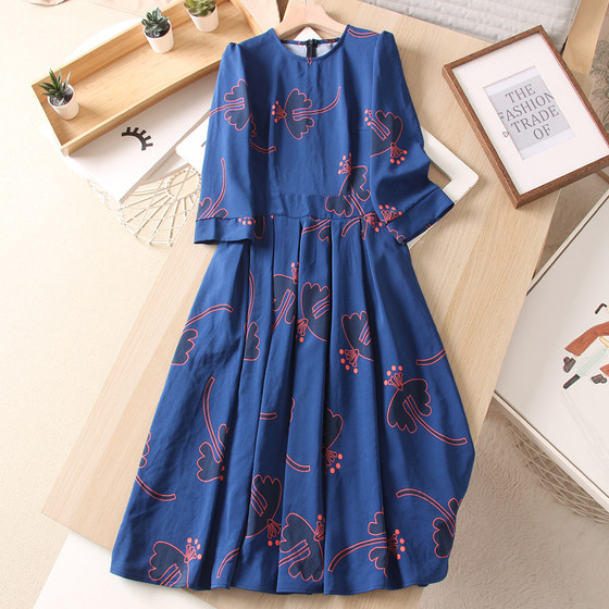 2025 Summer Fresh Printed Pleated Splicing Mid-Length High Waist Slim Quarter Sleeve Round Neck Women's Dress