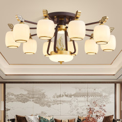 New Chinese-Style Living Room Branch-Shaped Ceiling Chandelier with Glass Lampshade, Chinese-Style Elegant Villa Lighting, Full-Spectrum Eye-Protection