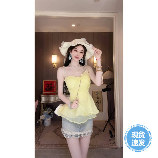 Sun Yaqiao summer sweet girlish style fashionable and versatile shell sequin lace denim skirt a line skirt
