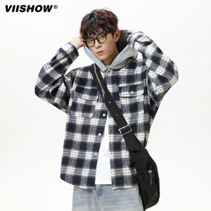 
VIISHOW American retro plaid hooded long-sleeved shirt men's trendy spring and autumn couple brushed shirt jacket