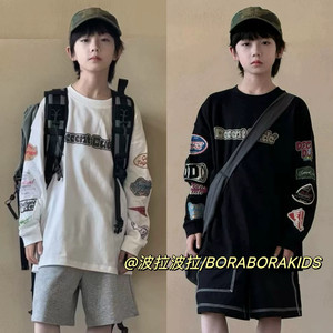 
Spot 2026 Spring Bola children's clothing for big boys and girls pure cotton hip-hop long-sleeved badge graffiti trend T-shirt