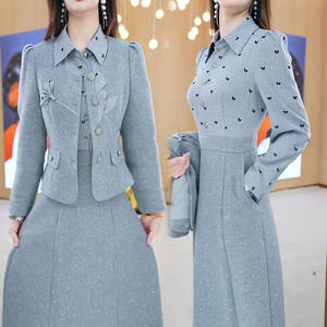 
Temperament suit 2025 autumn new fashionable small fragrance jacket + bow printed dress two-piece set