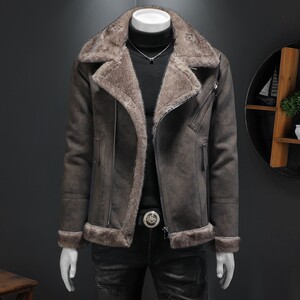 
2025 winter fur integrated men's trendy plus velvet thick suede motorcycle clothing heavy industry cotton clothing men's handsome jacket