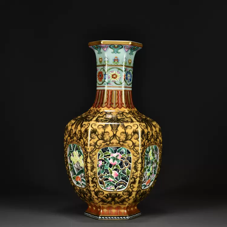 清乾隆霁蓝釉描金粉彩四季花卉诗文瓶海外回流古瓷器收藏240528