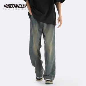 
Trendy high street American retro washed distressed jeans for men and women loose straight design hiphop long pants