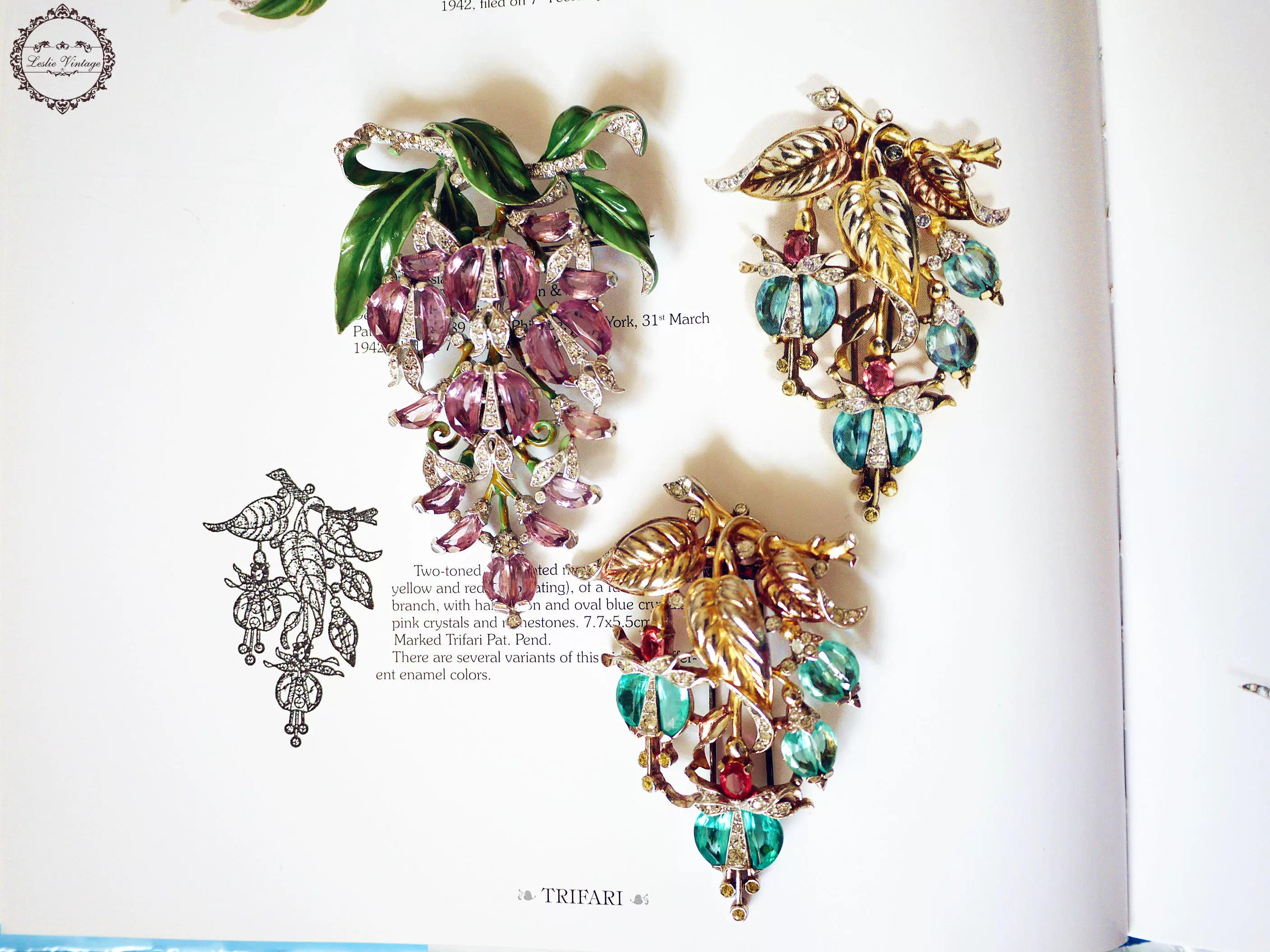 Vintage翠法丽trifari紫藤花demilune古董胸针稀缺收藏款