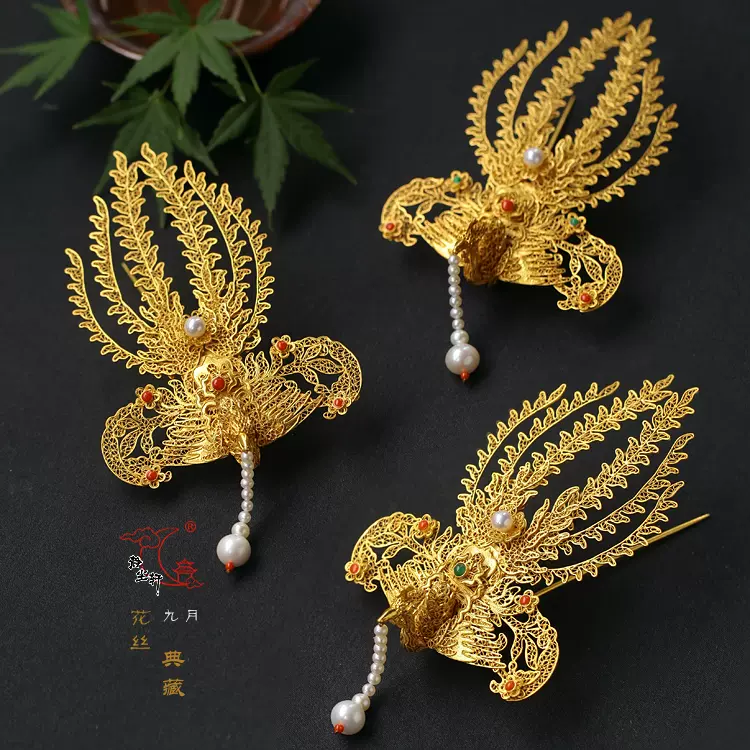 静尘轩银鎏金手工花丝嵌宝凤钗翡翠红宝石珍珠款多样化设计发饰精品