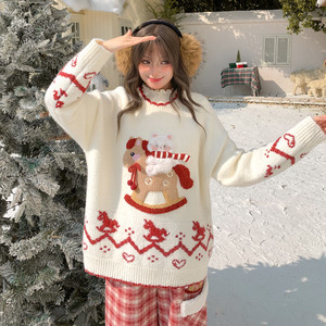 
Mori Girl Tribe 8.7% Sheep Wool Sweet Contrast Color Pullover Sweater Women's New Year Cartoon Embroidered Loose Sweater Winter