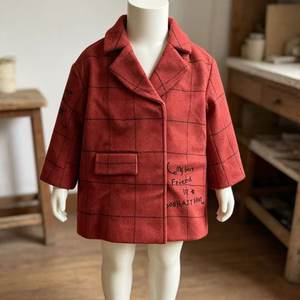 
Children's clothing children's woolen coats for boys and girls autumn and winter red plaid suit collar mid-length coats warm tops