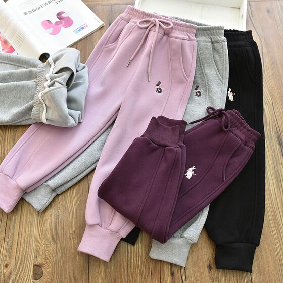 
Practical and generous girls' all-in-one velvet bunny sports sweatpants for medium and large children warm and thickened casual pants for early spring, autumn and winter