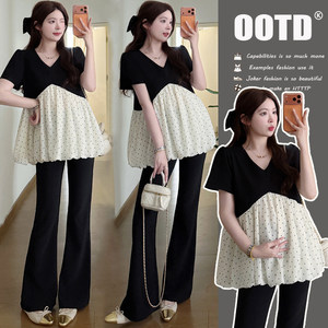 
Maternity wear Hepburn style design black and white color block ruffled maternity top + belly-covering maternity flared pants