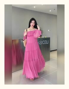 
Street Fried Fairy Gentle Wind Rose Pink Dress Long Skirt Loose Long Sleeve Over Knee Long Sweet Romantic Lotus Leaf Skirt
