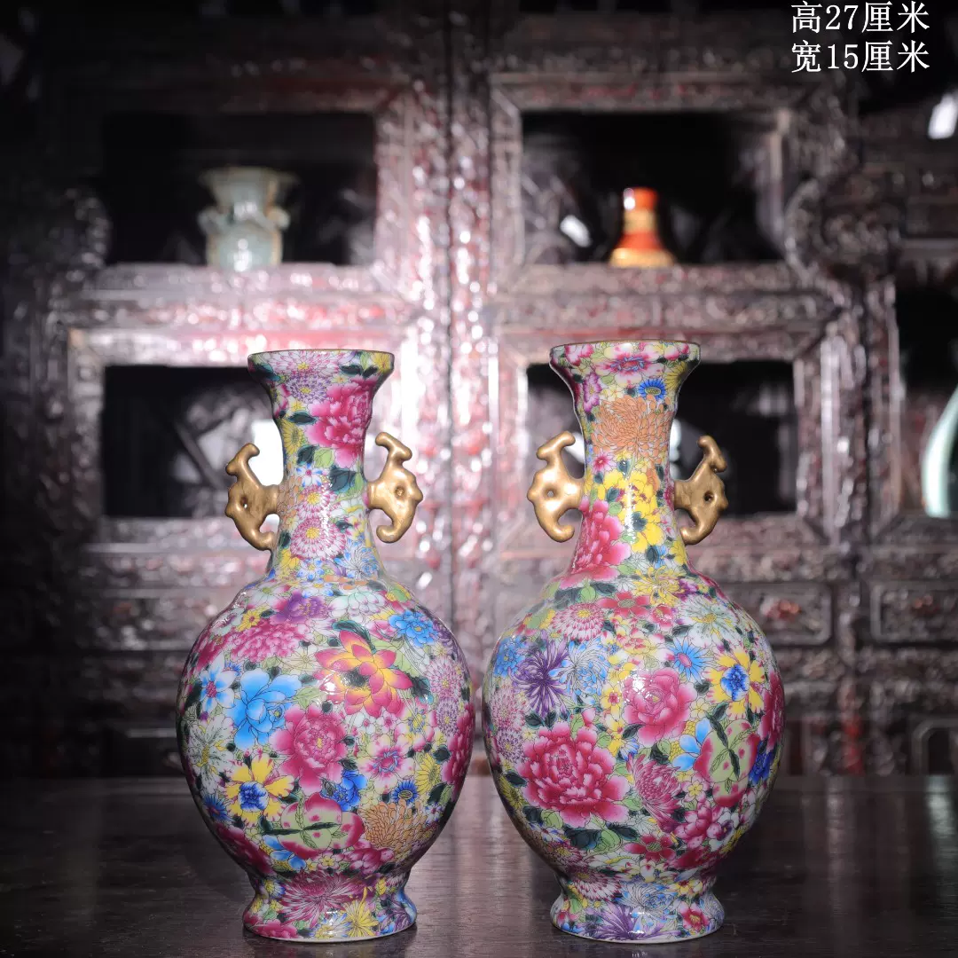 中国古美術・旧蔵乾隆御用款・珐琅彩鎏金瓶・龍鳳彩絵・陶磁器・花瓶・文房具・案t 清乾隆珐琅彩鎏金浮雕凤凰戏牡丹纹双耳尊