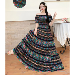 
Cotton silk floral large hem dress dress long skirt one-length collar beach skirt bohemian vacation skirt artificial cotton summer
