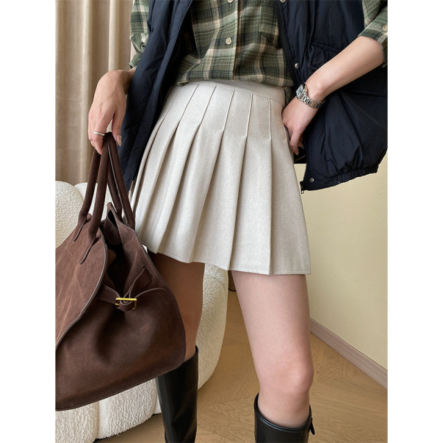 Sinan 2025 spring, autumn and winter fashionable items, woolen thickened commuter high waist A-line skirt, pleated half-body skirt