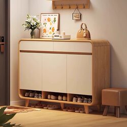 Entryway Shoe Cabinet 2025 New Model, Wall-Mounted Integrated Solid Wood Shoe Rack, Home Use Natural Wood Style Storage Cabinet
