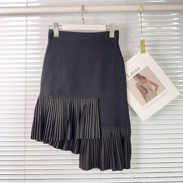 Autumn and winter high waist pleated skirt short skirt skirt hip skirt fish tail one step a pleated asymmetric knitted skirt women