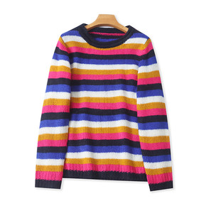 
Round neck colorful striped sweater spring and autumn new loose casual long-sleeved sweater women's pullover slimming top 10021