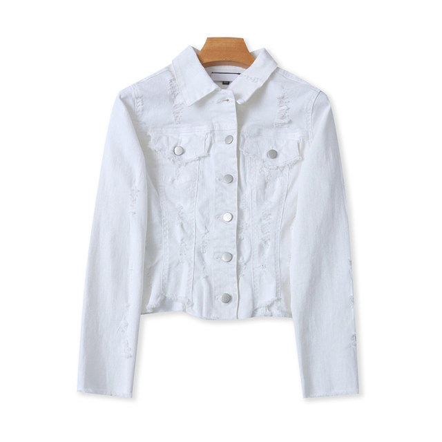 Denim lapel short jacket, bristled ripped jacket, cardigan, spring and autumn new foreign trade button women's top 17344
