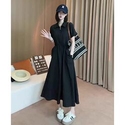 Plus-Size French-Style Elegant Black Dress for Women, Short-Sleeve Polo Collar, Waist-Cinching Slimming Shirt, A-Line Long Dress