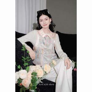 YANG GZ【纳福猫】新中式国风新款猫纹设计感翻领马甲外穿上衣女