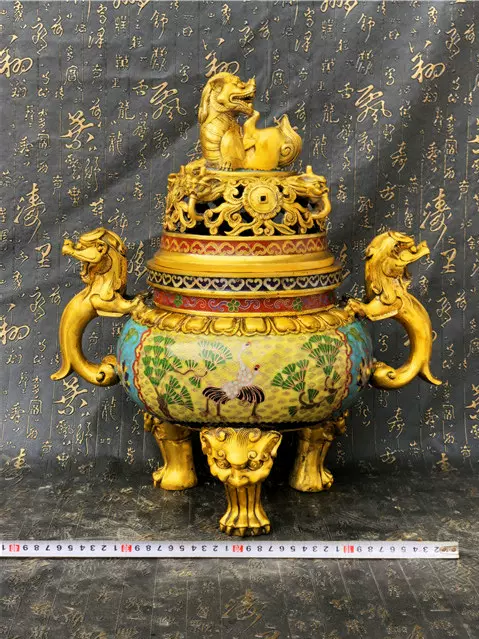 铜鎏金狮子香炉 新款九宝铜鎏金狮头香炉纯铜鎏金香炉香插