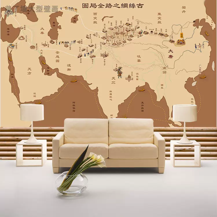 絲綢之路壁紙古代陸上商業貿易全景路線地圖壁紙大型壁畫軟包