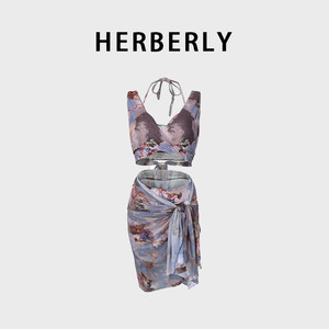 
HERBERRY swimwear couple water park underwire push-up printed bikini seaside vacation one-piece swimsuit